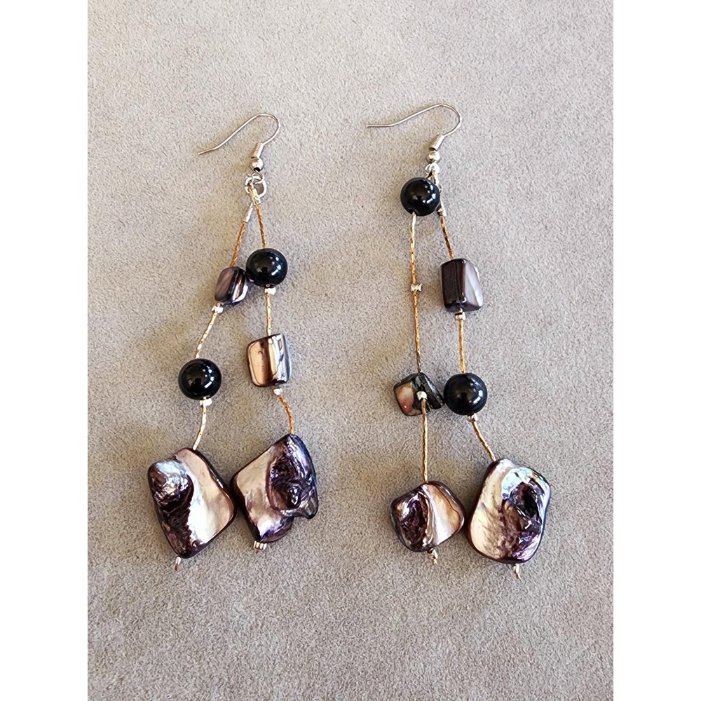 Abalone Shell Natural Chunk Dangle Earrings Mixed Metal Gold & Silver Tones - Picture 1 of 9